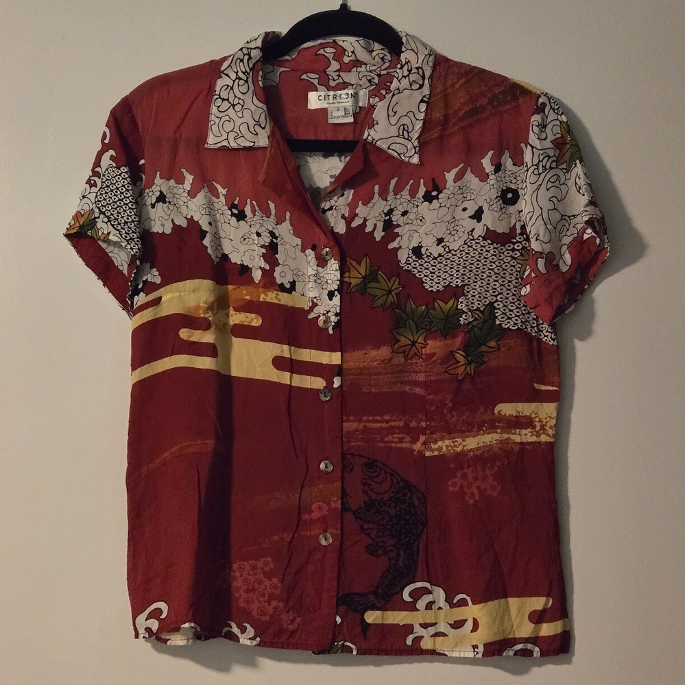 Citron Santa Monica Red and Yellow Asian Design Blouse Sz S EUC PTP-19" L-22.5"